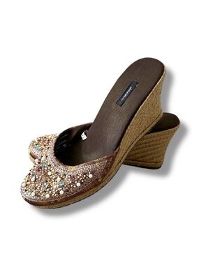 Vintage Y2K xhilaration Brown Beaded Espadrille Wedge Sandals Size 10 Boho